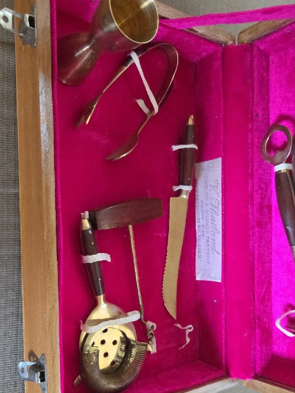Vintage Thailand Bronze Bar Tool Set - Pink Lining